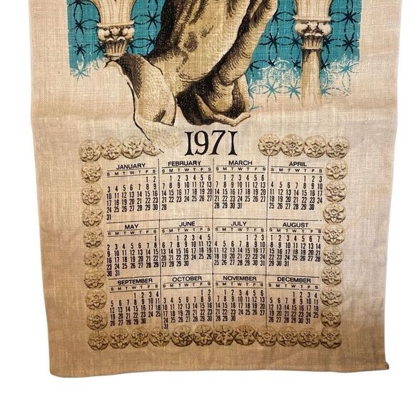 Vintage 1971 Linen Kitchen Calendar Towel Praying Hands Religious Ready to Hang - Picture 2 of 7